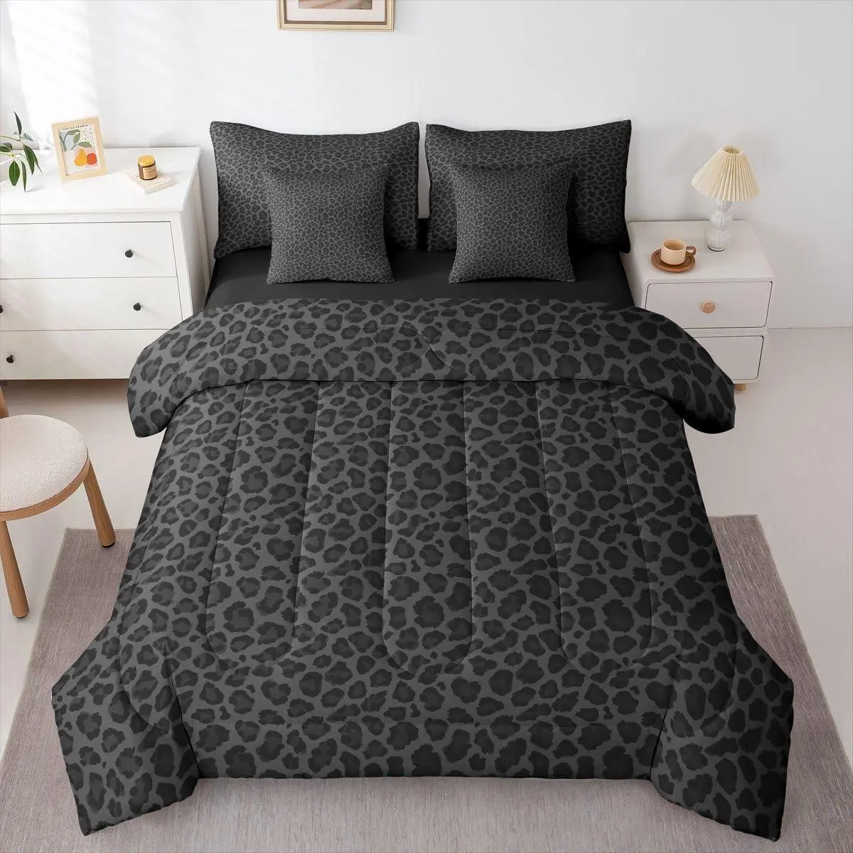 Dark Gray Leopard Bedding Set Modern Animal Pattern 7 Pieces Comforter Set with Sheets Men Women Aesthetic Cheetah Bed in a Bag Neutral Minimalism Art Bed Sets