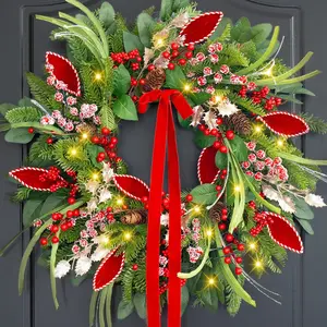 Christmas Wreath with Lights,Outdoor Pre-lit Christmas Wreaths for Front Door-24 Inch Xmas Door Wreath with Pine Needles Pine Cones and Red Berries- Farmhouse Home Christmas Decorations