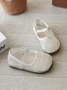Girls Lace Mesh Mary Jane Shoes, Elastic Strap, Breathable Soft Sole, Anti-Slip, Casual All Seasons, Ditsy Floral Pattern, Breathable Flats