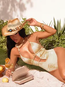 2026 Sexy Gold Reflective One-Piece Swimsuit with Pearl Accents – Deep-V Cut-Outs & Strappy Detail, Shiny Beachwear for Women, Coastal Bikini Swimwear, Casual Swimsuit, Sea Fancy Swimsuits