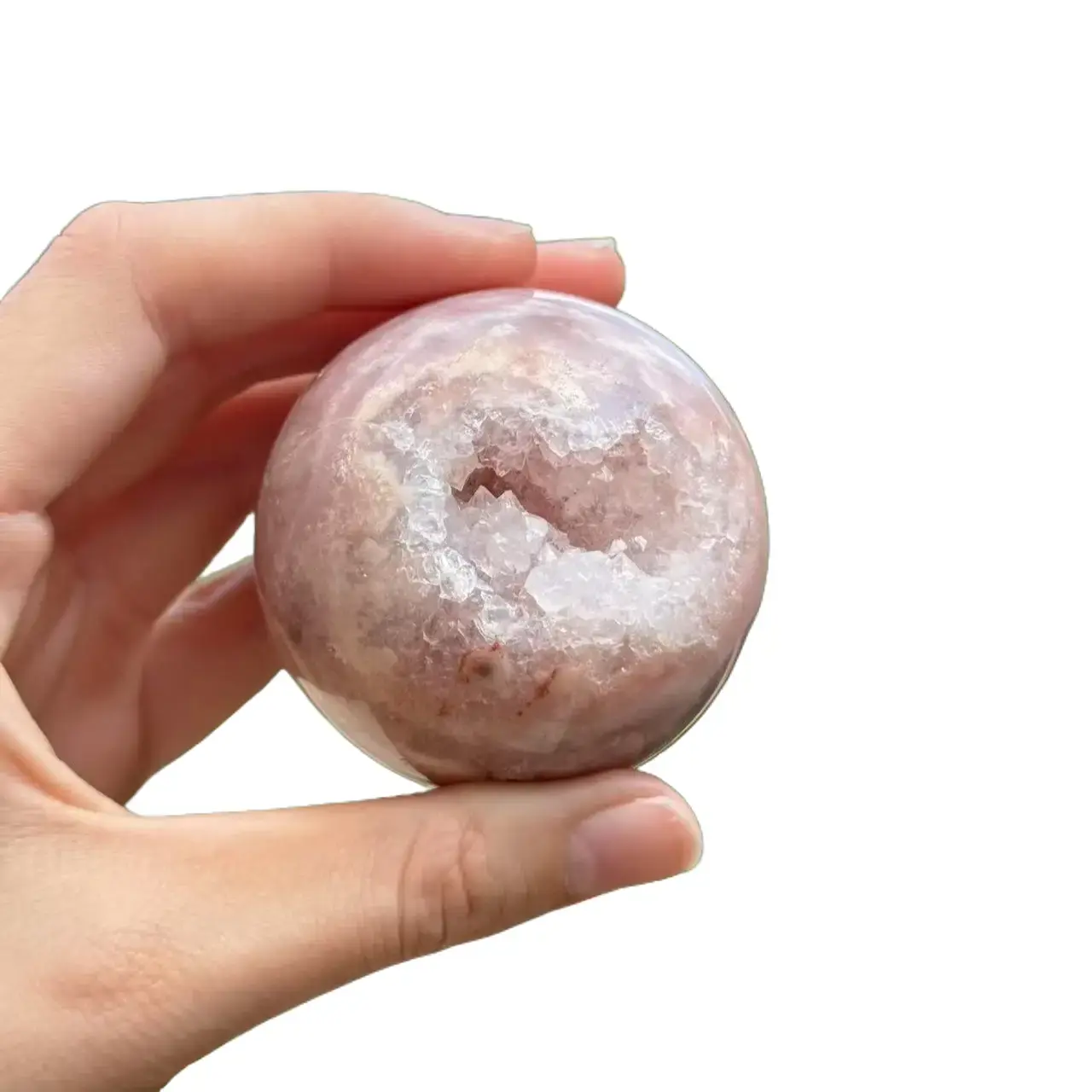 55mm+ Flower Agate Sphere with Shiny Geode – Natural Crystal Ball for Calming Energy, Self-Growth & Display – Unique Statement Crystal