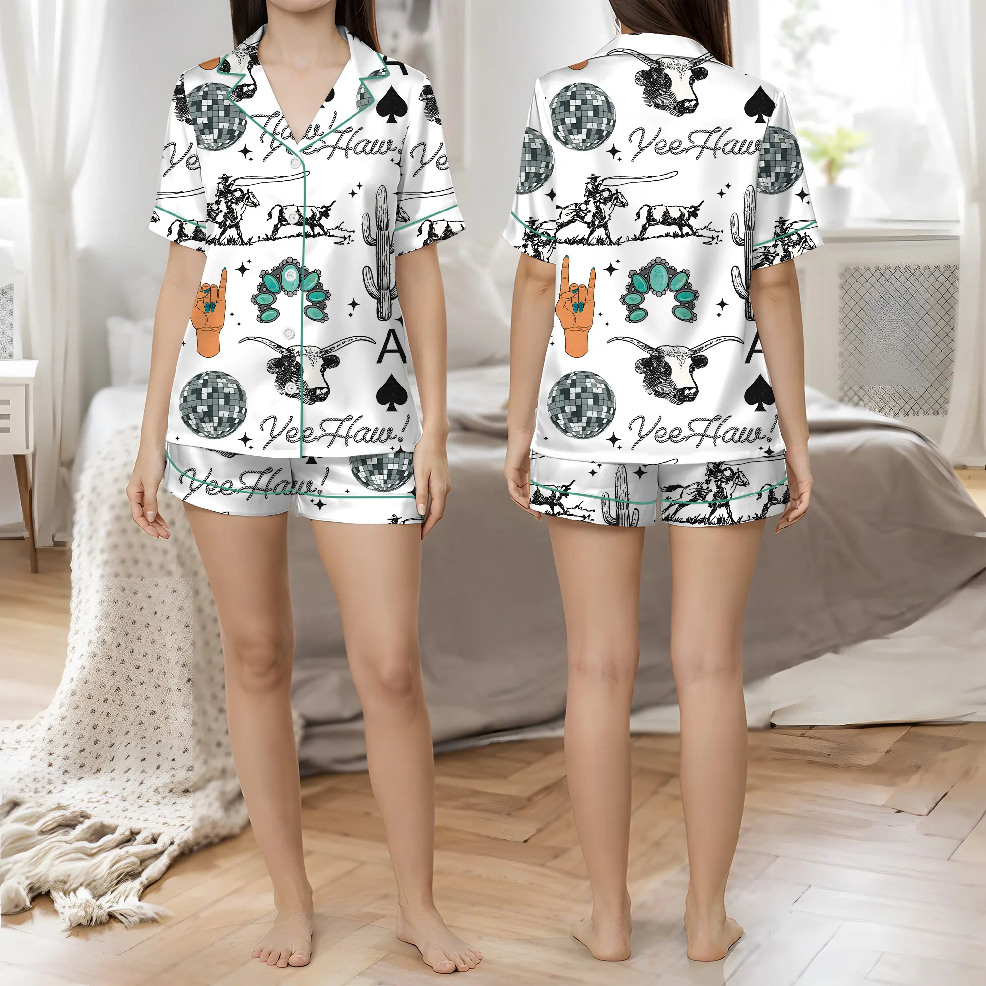 Cute Western Things Sublimation Cowgirl Spade Rodeo Satin Pajama Sets for Women, Western Print, Short Sleeve Top & Shorts, Gift for Patrick's Day