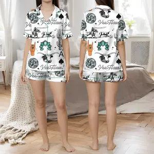 Cute Western Things Sublimation Cowgirl Spade Rodeo Satin Pajama Sets for Women, Western Print, Short Sleeve Top & Shorts, Gift for Patrick's Day