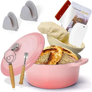 5QT Enameled Cast Iron Dutch Oven for Bread Baking with Lid, Sourdough Baking Supplies with Proofing Basket, Bread Making Tools Set, Heavy-Duty Cookware for Braising, Stews, Roasting (Pink)