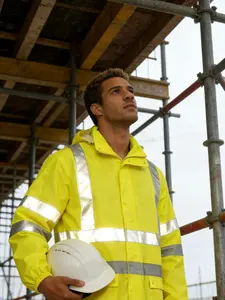 Men's High Visibility Reflective Rain Jacket, Waterproof Breathable Workwear with Two Large Pockets for Rainy Weather, Ideal for Construction and Fishing