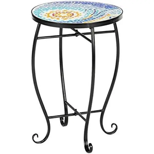 Blue Hawaiian Mosaic Patio Side Table, Round Outdoor Bistro Accent Table with Metal Frame, Weather Resistant Plant Stand Coffee End Table for Balcony Porch Garden Poolside