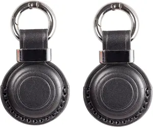2 Pack KEEPXYZ Genuine Leather Keychain Holder Compatible with Airtag, Secure for Air Tag Keychain Holder Case Cover Key Chain Ring Accessories - Black V2.0