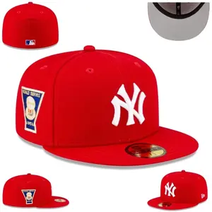 New Era New York Yankees 59FIFTY Fitted Cap, Red Crown Red Flat Brim, White NY Logo Embroidery, 1952 World Series Side Patch Baseball Hat for Men