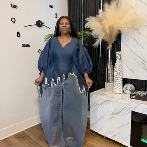 African Boubou Rich Aunty Bubu Kaftan Abaya Kimono Women Agbada One Size Fits All with Elastic Sleeves Adjustable Inner Belt with Satin Fabric Lace Trim inner