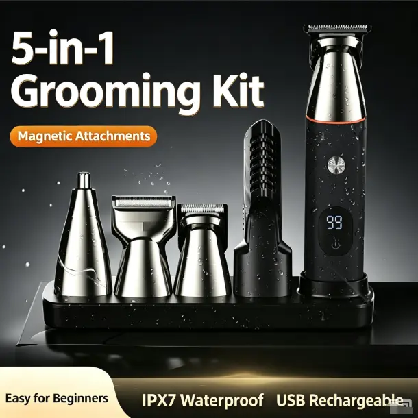 5-in-1 Multi-Functional Men's Grooming Kit, Magnetic Interchangeable Blades, IPX7 Waterproof USB Rechargeable Cordless Electric Hair Clipper, Nose Hair Trimmer, Beard Detail Trimmer, Shaver for Daily Use (Party Bag Gift Option)