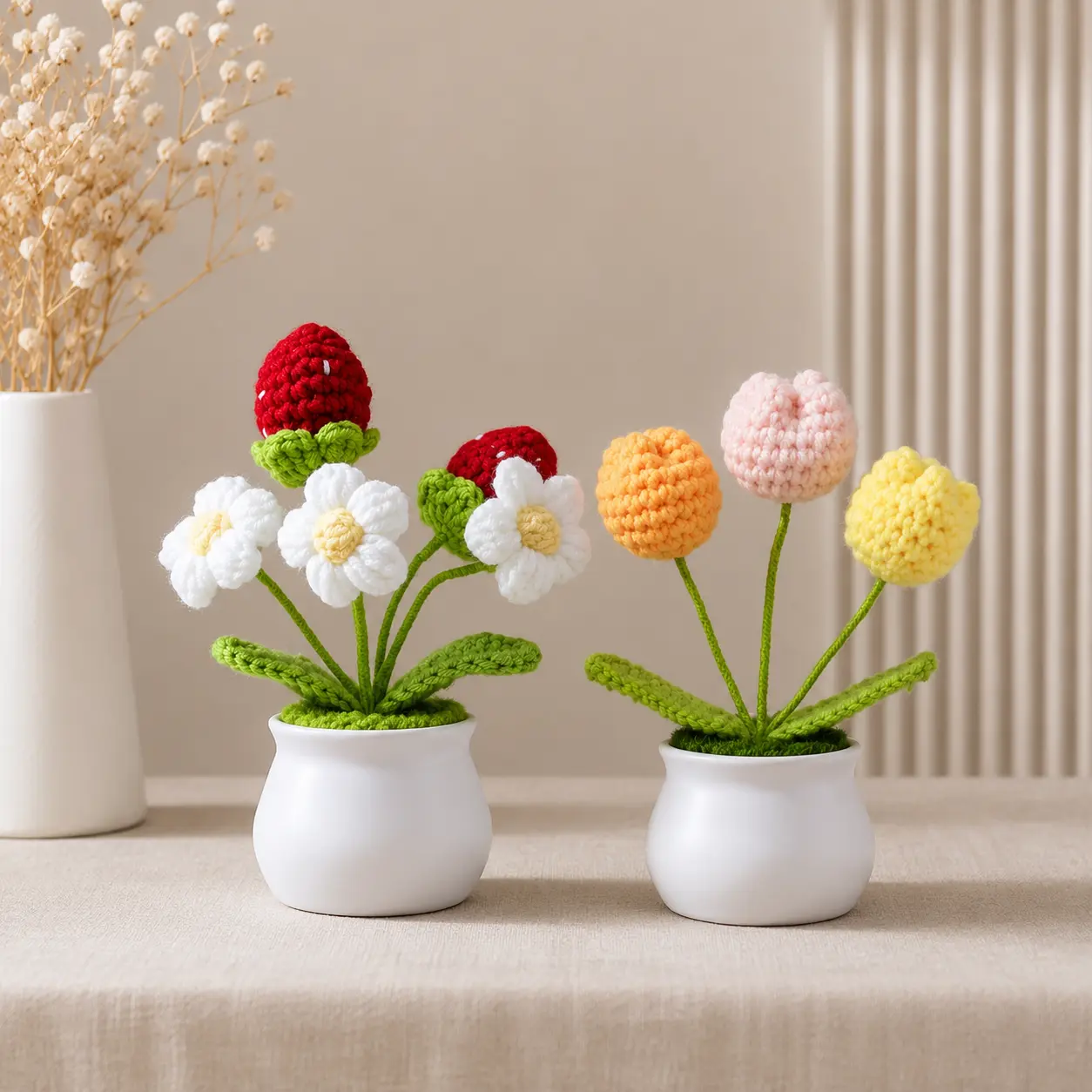 1/2pc Artificial Flower Pot Plant, Knitted Bouquet Desk Ornament, Cute Mini Potted Floral Decor for Bedroom Office Shelf Window Sill, Small Gift Decoration