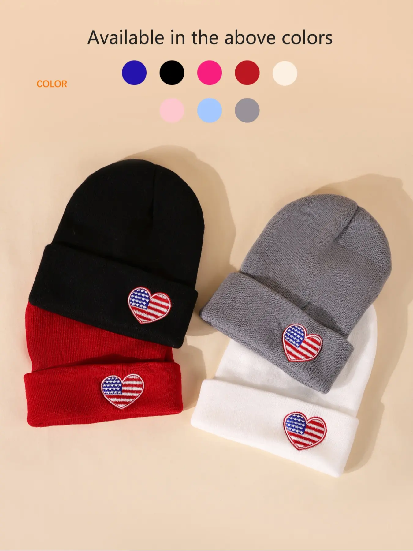 Heart American Flag Embroidery Beanie, Unisex Winter Hat, Casual Fitted Design, Fall & Winter Outdoor Knit Caps for Men & Women