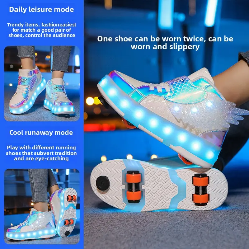 4-Wheel Detachable Skate Shoes with LED Wings |   USB Rechargeable Roller Sneakers for Kids & Adults, Magnetic Wheels & Glow-in-the-Dark Design ​