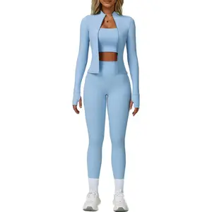 Women’s 3 Piece Workout Set – Soft Stretchy Fabric Sports Bra, High Waist Leggings & Zip Up Jacket with Thumbholes – Ideal for Yoga Running & Fitness