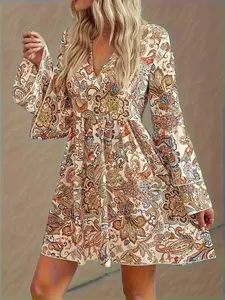 Paisley Print Layered Flared Bell Sleeve Boho Bohemian V Neck a Line Long Sleeve Dress, Women's Casual Summer Fashion, Elegant Party Wear, Fit