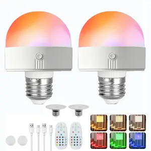 E26/E27 Rechargeable Light Bulb With Remote Battery Operated Backup Bulb Suitable For Sconces Lamps Three Colors Of Light/RGB Light Bulbs Dimmer Wireless Puck Light Bulbs For Non-Hardwired Detachable Charging 1/2 Pack