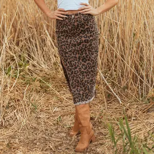 Dear-Lover Women's Brown Leopard Print High Waist Denim Frayed Split Cheetah Midi Jean Skirt Casual Fit for Womenswear
