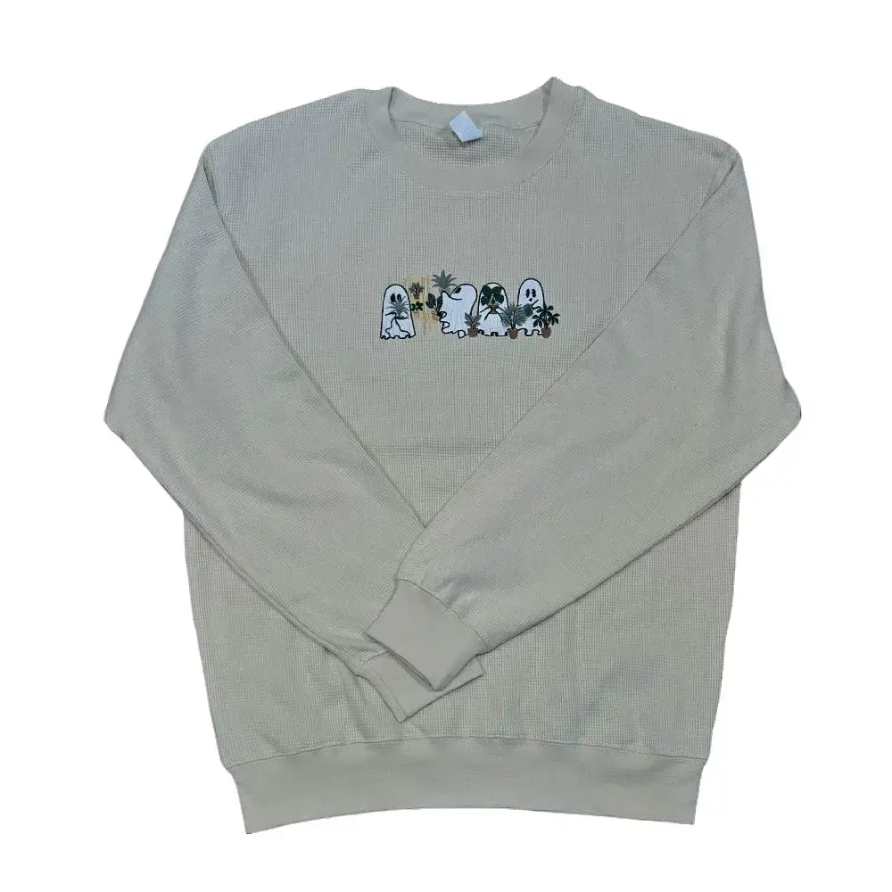 Waffle Knit Ghosts with Plants Sweater Embroidered Sweaters 100% Cotton Oversized Pullover