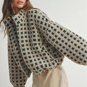 Women's Autumn and Winter Products Soft plaid wool sweater short style zipper style Casual Green