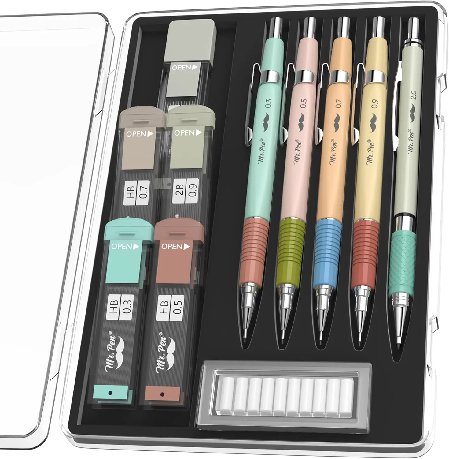 Mr. Pen- Art Mechanical Pencil Set, 5 Sizes (0.3, 0.5, 0.7, 0.9, 2.0mm) | 5 HB Lead Refills & 10 Eraser Refills, Precision Drawing Pencils for Sketching, Writing & Artwork
