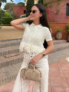 Women's Clothing Trendy Fitted Cream White Fringe Hem Grid Knit Cropped Shirt Blouse Collared Neck Button Front Breathable Mesh Knit Women's Knit Top for Daily Casual Looks Casual Boho Soft Fashion Tops