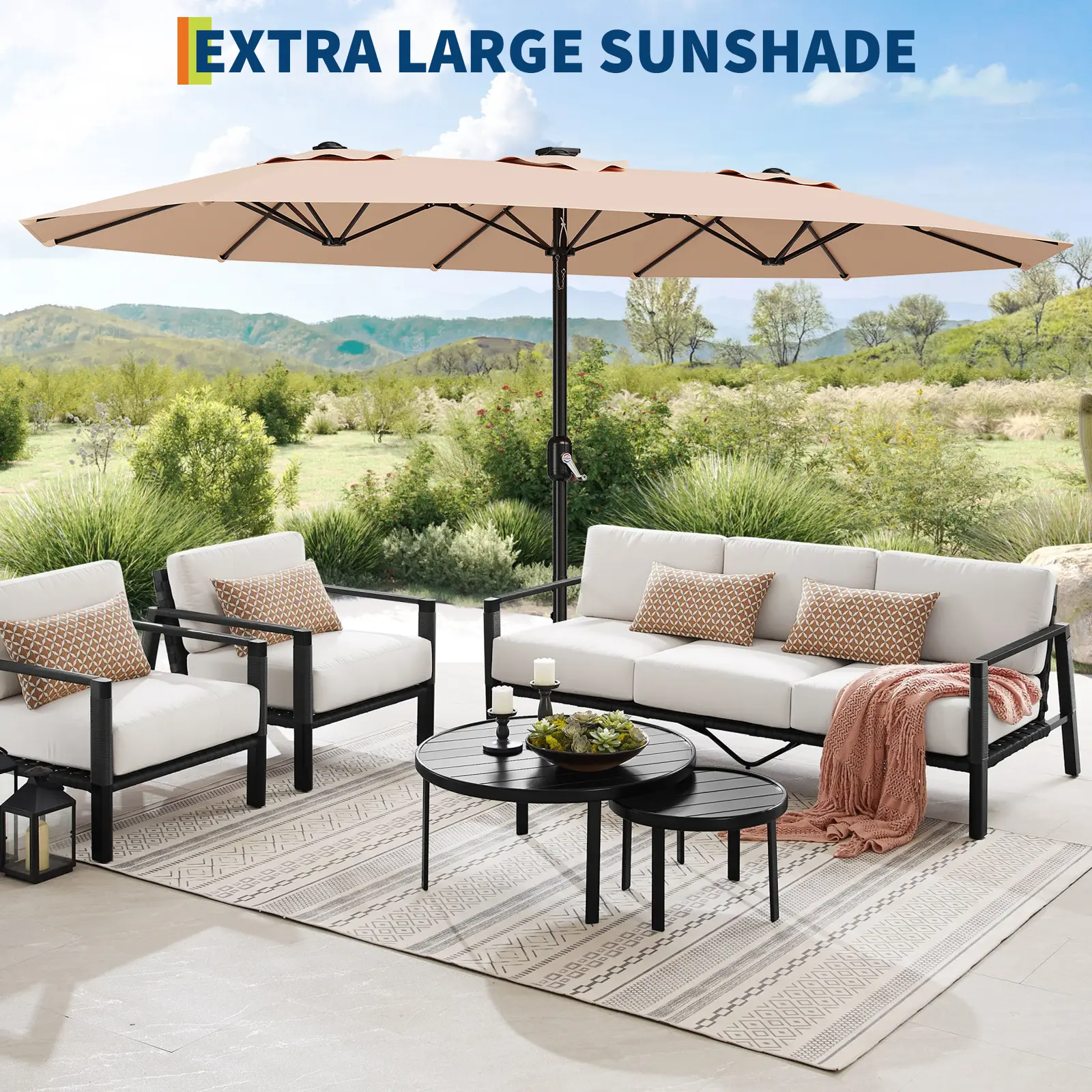 Garvee Extra-Large Double-Sided Patio Umbrella – 15FT Rectangular Outdoor Sunshade – Included Base, UV Protection, Easy Crank, Durable Market Table Parasol for Pool, Lawn, Garden, Backyard