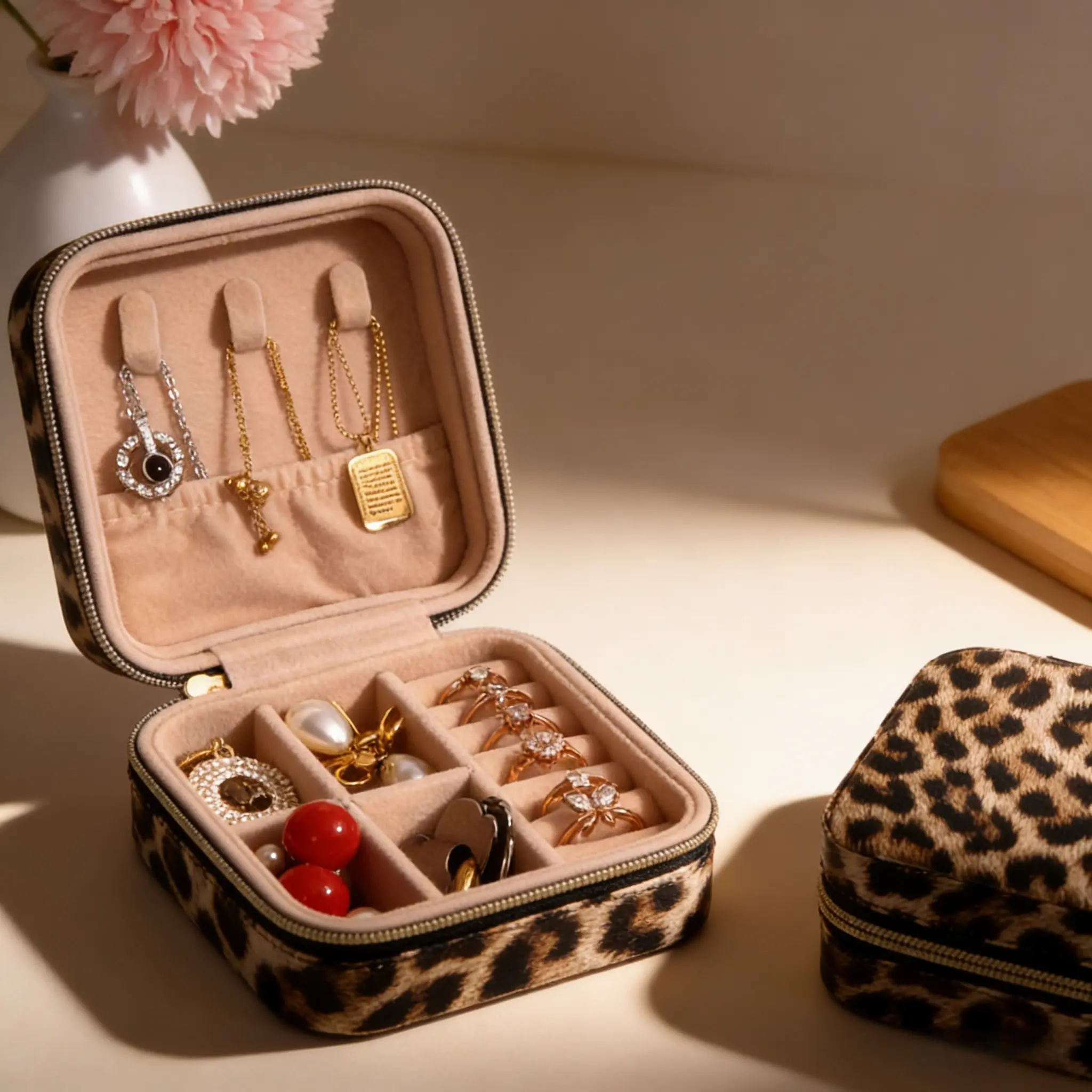 Becvtoz Chic Leopard Jewelry Organiser - 2026 Newly Upgraded Portable Storage Case with Compartments for Rings, Earrings, Necklaces, Metal Zip Security, Scratch-Safe Velvet for Business Trips