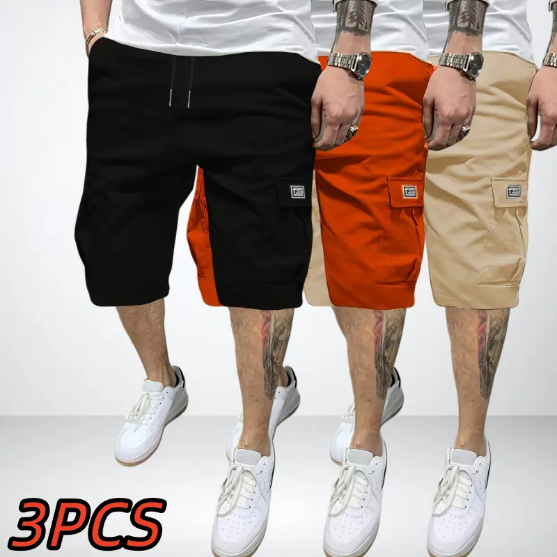 3-pack men’s cargo shorts with multiple pockets, breathable skin-friendly drapey fabric, loose straight fit that flatters any body type—versatile casual mid-length shorts for everyday commuting, streetwear, and outings. Men's