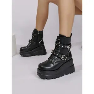 Women's Fashionable Solid Black Leather Ankle Boots, Lace - Up, Side Zip & Studded Buckle Design Chunky Platform Combat Boots, Stylish Footwear for Daily Wear, Street Style, Autumn - Winter Outings & Punk - Inspired Looks, Winter Shoes