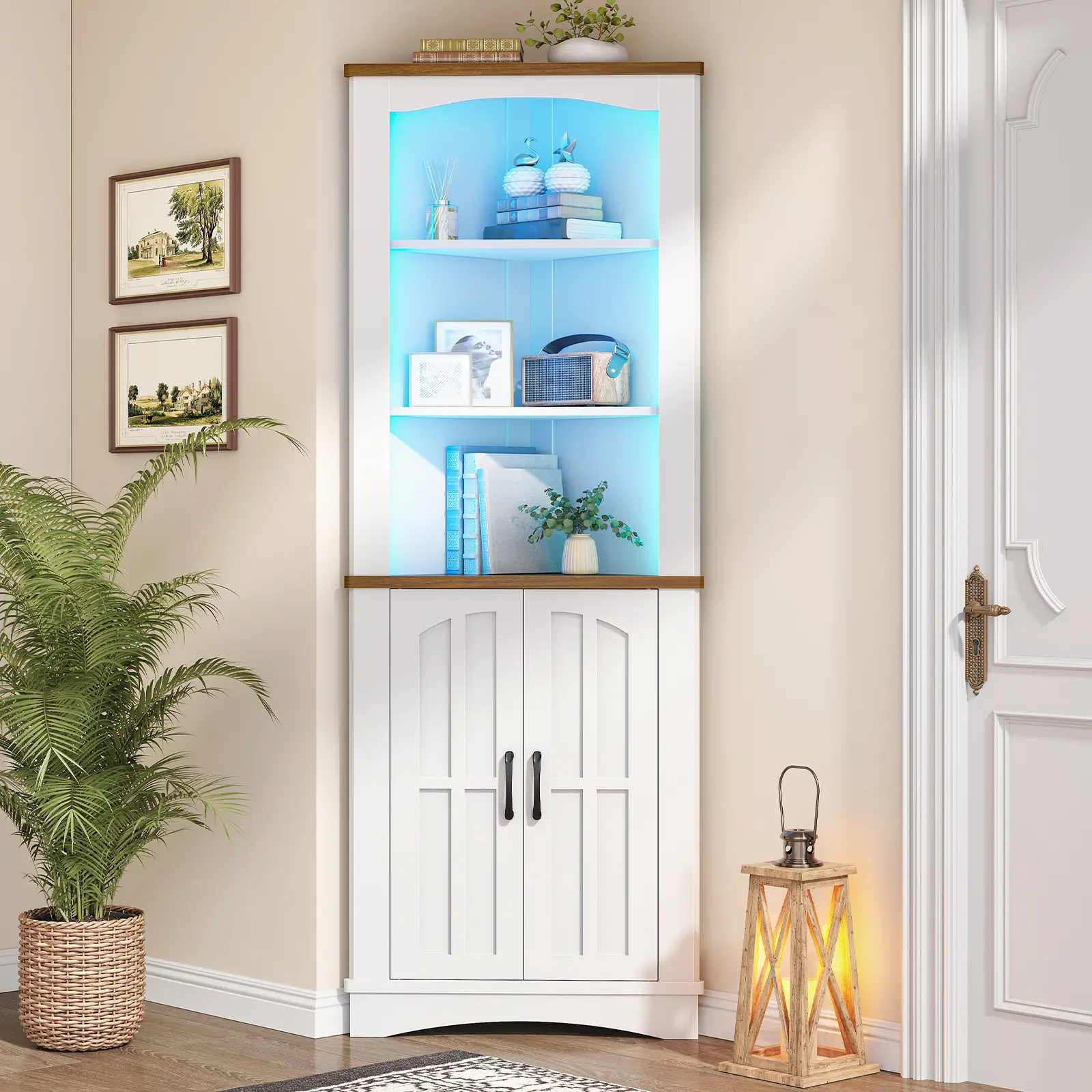 HOOBRO LED Corner Cabinet， 67" Tall Farmhouse Corner Storage Cabinet with Doors and Storage Shelves, 5-Tier Corner Bathroom Cabinet with LED Lights,, for Living Room, Kitchen, White and Walnut #SummerVibes