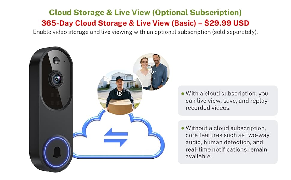 1080P Wireless Video Doorbell Camera, Outdoor Surveillance Cameras, FHD Live View, Cloud Storage, AI Human Detection, Instant Alert, Night Vision, Two Way Audio, 2.4G WiFi Only