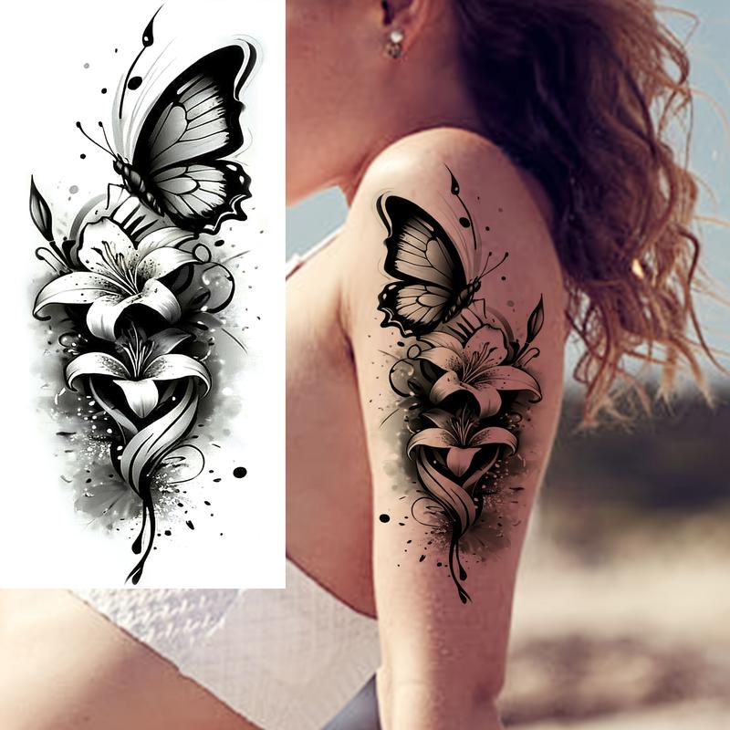 Butterfly Flower Temporary Tattoos (6 Sheets: 3 Fixed PVC Glitter Solid Pieces + 3 Random Designs) - Long Lasting, Waterproof, Realistic, Casual for Adults, Birthday Gifts, Fit for Arm, Thigh, Leg, Forearm, Back, Clavicle, Feet
