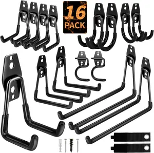 16 Pack Garage Hooks Heavy Duty Organization for Tools Wall Mount Utility Hook Garage Hanger Storage Hooks with 2 Extension Cord Straps Shed Organiser