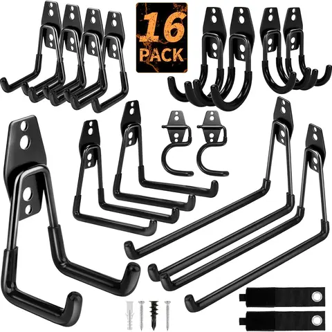 16 Pack Garage Hooks Heavy Duty Organization for Tools Wall Mount Utility Hook Garage Hanger Storage Hooks with 2 Extension Cord Straps Shed Organiser
