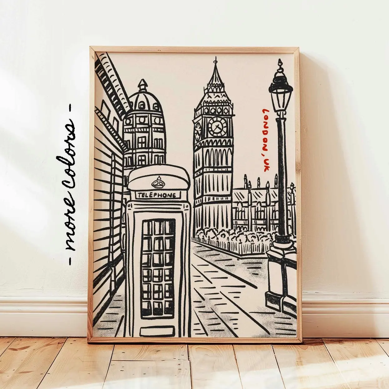 London City Print, Hand Drawn Retro London UK Poster, Minimalist Wall Art Decor  | Framless Poster G