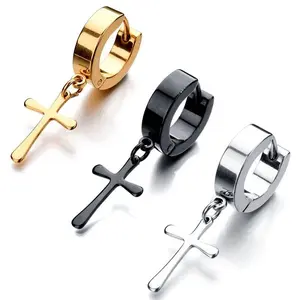 Stainless Steel Clip-on Earrings Dangle Hinged Piercing Cross Men's Huggie E22