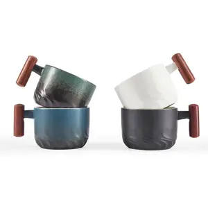 6 Oz Ceramic Espresso Mugs with Wooden Handle, Demitasse Cups for Double Shot Latte Cappuccino Lungo Tea Bag Beverage, Espresso Cups Set of 4