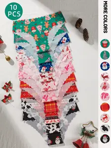 10-pack Christmas themed underwear, all over print with Santa Claus, reindeer, Christmas trees, gingerbread men, bows, and leopard patterns, colorful briefs suitable for everyday wear in autumn and winter holidays.