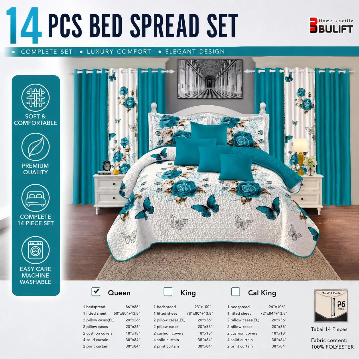 14 PCS Floral Bedding Set with Matching Curtains, California King, Soft Polyester, Quilt Set with Pillowcases and Decorative Cushions