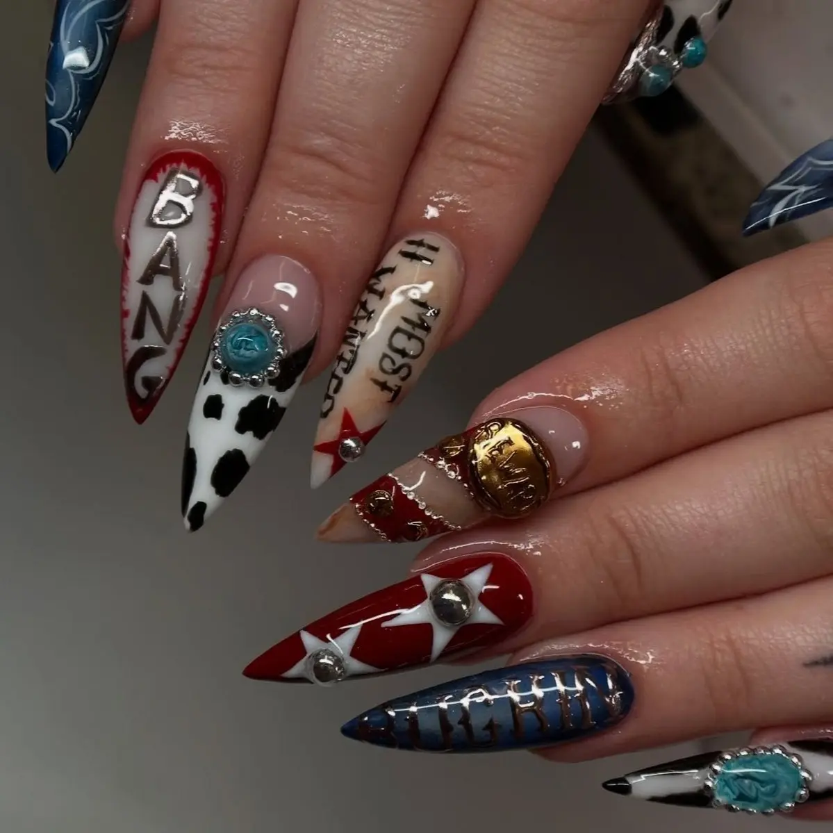 NailKavie Western Cowgirl Long Stiletto Nails Cow Print Bandana Red Star Most Wanted Art Press On Nails