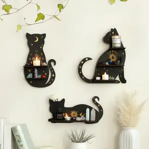 Cute Cat Wooden Wall Shelf, Decorative Crystal Wall Display Rack, Hanging Storage Holder for Living Room, Home Decoration, Plant Placement, Wall Mount Design