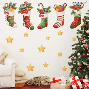 A 30*90cm self-adhesive Christmas stocking and star flat wall sticker for home background decoration, M20332-KR