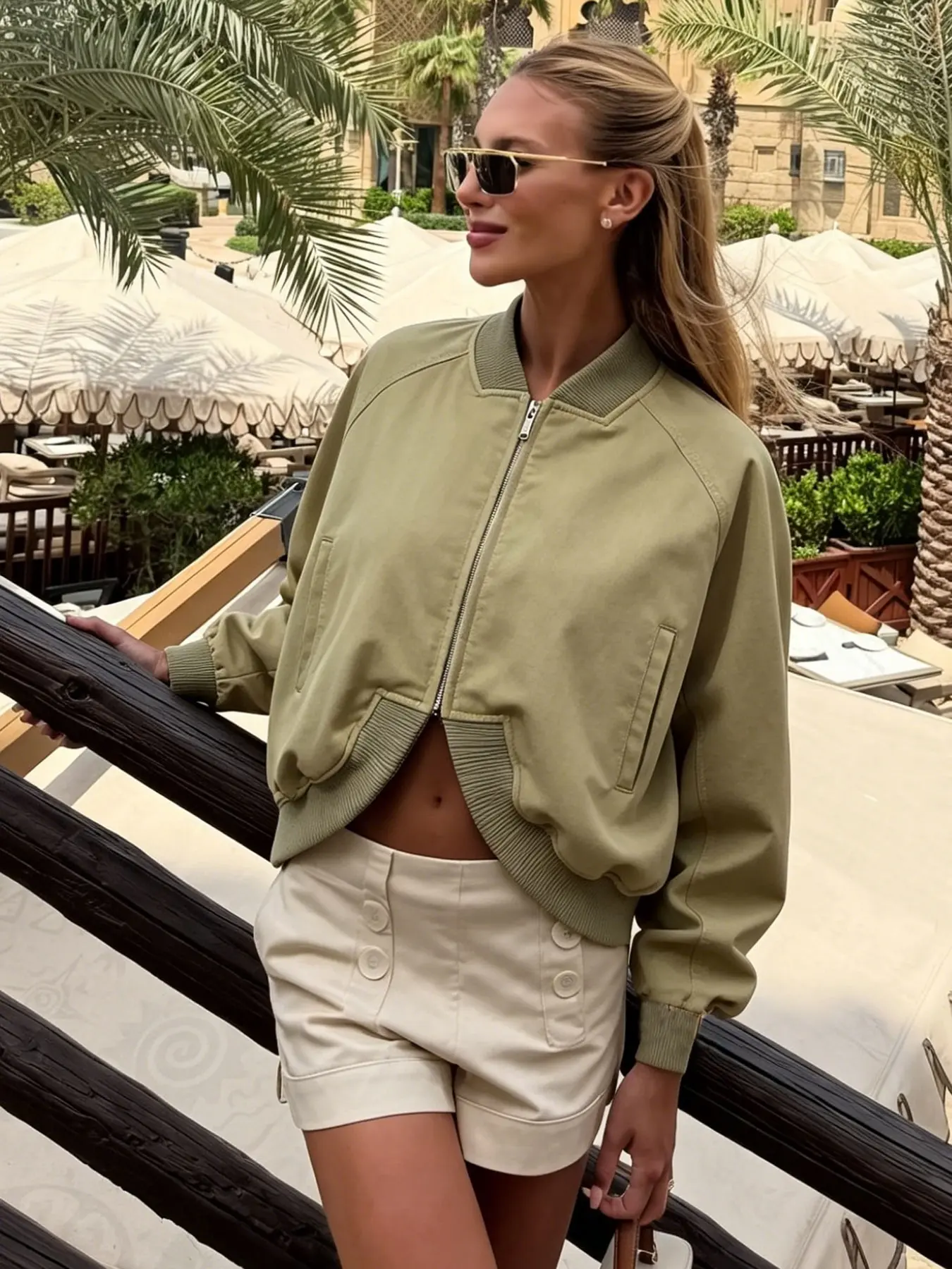 Women's Olive Green Loose Cropped Bomber Jacket, Vintage Casual Full-Zip Outerwear with Ribbed Collar & Cuffs, Side Pockets, Streetwear Layering Coat for Spring & Summer