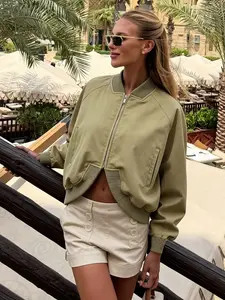 Women's Bomber Jacket Olive Green Cropped Bomber Jacket Vintage Style Casual Summer Spring Ribbed Collar Cuffs Full Zip Side Pockets Streetwear Daily Wear Street Style Layering Outerwear