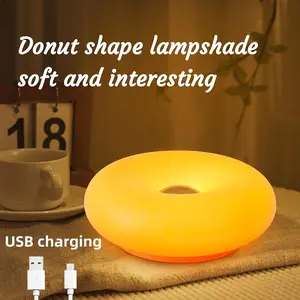 Modern Design Donut Table Lamp LED Bedside Desk Lamp with Durable Shade Rotomolded Small 3-Color Dimmable Nightstand Lamps Not Glass Orange USB Charging Infinitely Dimmable（Non-glass, orange plastic casing）