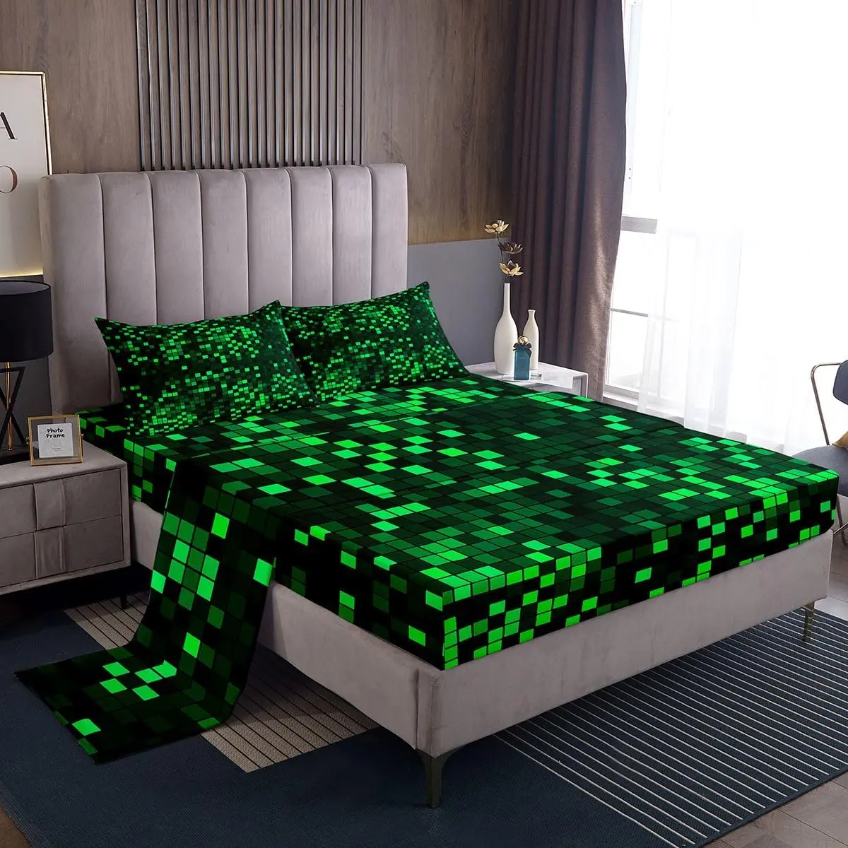 Neon Green Black Gradient Pixel Bed Sheets Set Ombre Black Green Bed Set Retro Pixel Art Deep Pocket Fitted Sheet Gamer Room Decor Soft Lightweight Microfiber