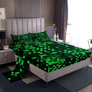 Neon Green Black Gradient Pixel Bed Sheets Set Ombre Black Green Bed Set Retro Pixel Art Deep Pocket Fitted Sheet Gamer Room Decor Soft Lightweight Microfiber