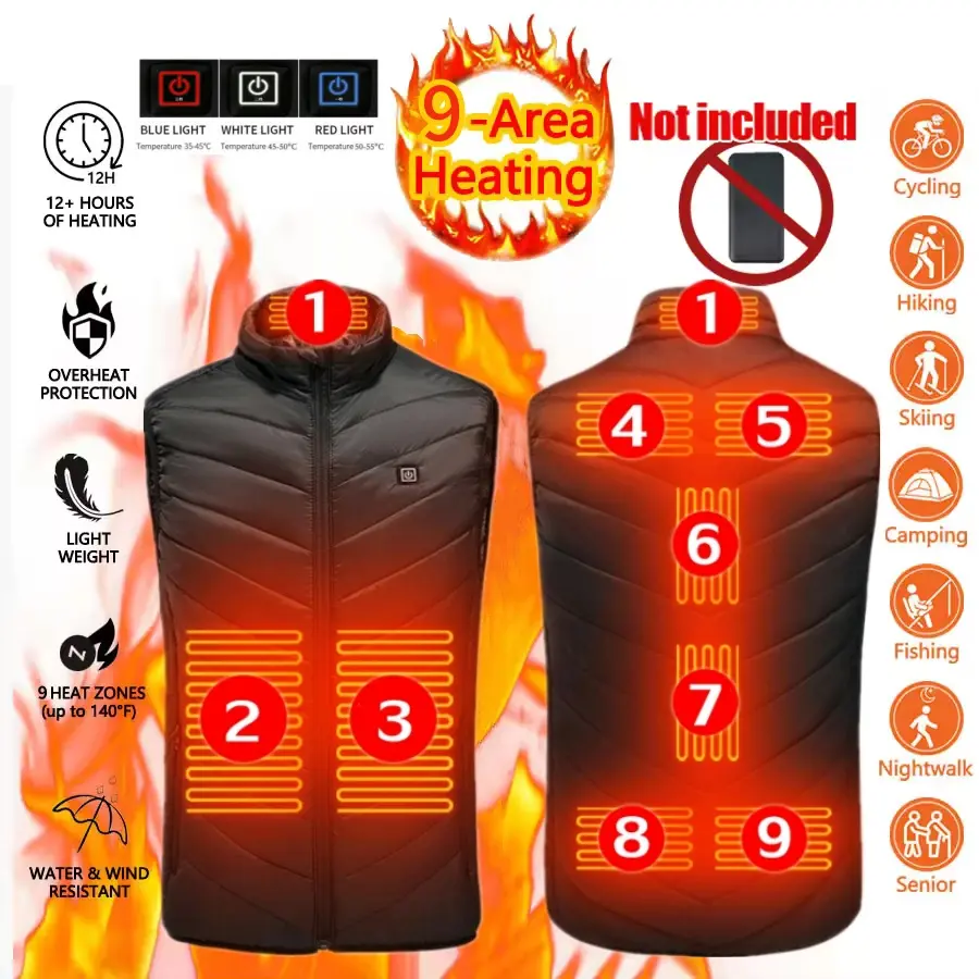 Men's USB-Charged Electric Heating Vest - 9-Area Warmth, Energy-Saving, Temperature Shift, LED Lights, Polyester Blend (Also for Women), Casual Basic, Anti Water Splashing, Water Resistant, 9 Areas Heating, Adult Men/Women, White Light