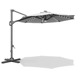 10 Feet Offset Cantilever Patio Umbrella, with Solar LED Lights - 360° Rotation and Easy Tilt Adjustment - Waterproof Polyester Canopy - Including Cross Base - Suitable for Backyard, Pool, Patio, and Garden Outdoor Sun Shade Umbrella