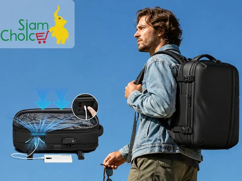 Vacuum Compression Backpack with Built-In Electric Pump – One-Button USB Compression, TSA Lock, Expandable, Fits 17" Laptop, Carry-On for Travel